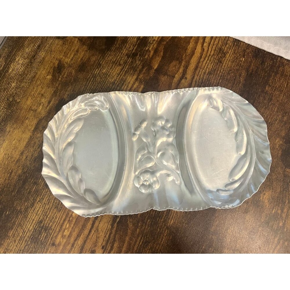 Vintage Hammered Aluminum Double Sided Serving Tray With Morning Glory Motif